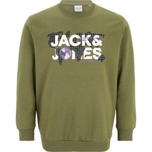 Jack & Jones Plus Mikina 'DUST' olivová / světle fialová / černá / bílá